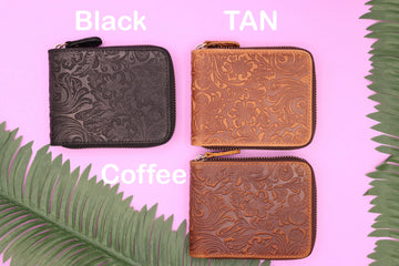 Small Flower Zipper Leather Wallet , Real Leather, Same Day Shipping, Free Shipping US-Lucasgift