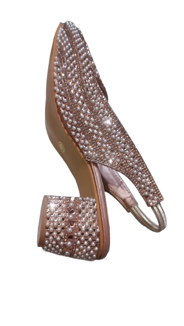 Women's Rose Gold Pearl Embellished Slingback Block Heel Sandals Party Shoes