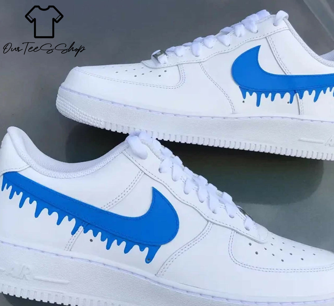 Custom Drippy Blue AF1 Sneakers, Hand Painted Personalized Shoes
