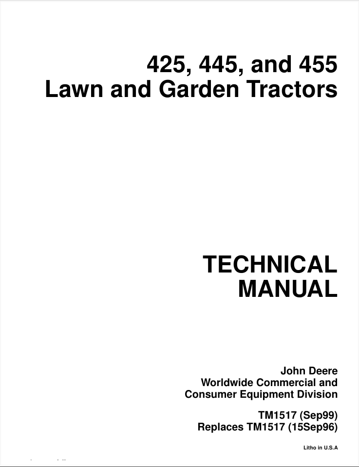 John Deere 425, 445, 455 Lawn Tractors Technical Manual Service TM1517- on Lucasgift