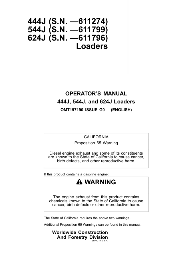 JOHN DEERE 444J 544J 624J LOADER OPERATORS MANUAL- on Lucasgift