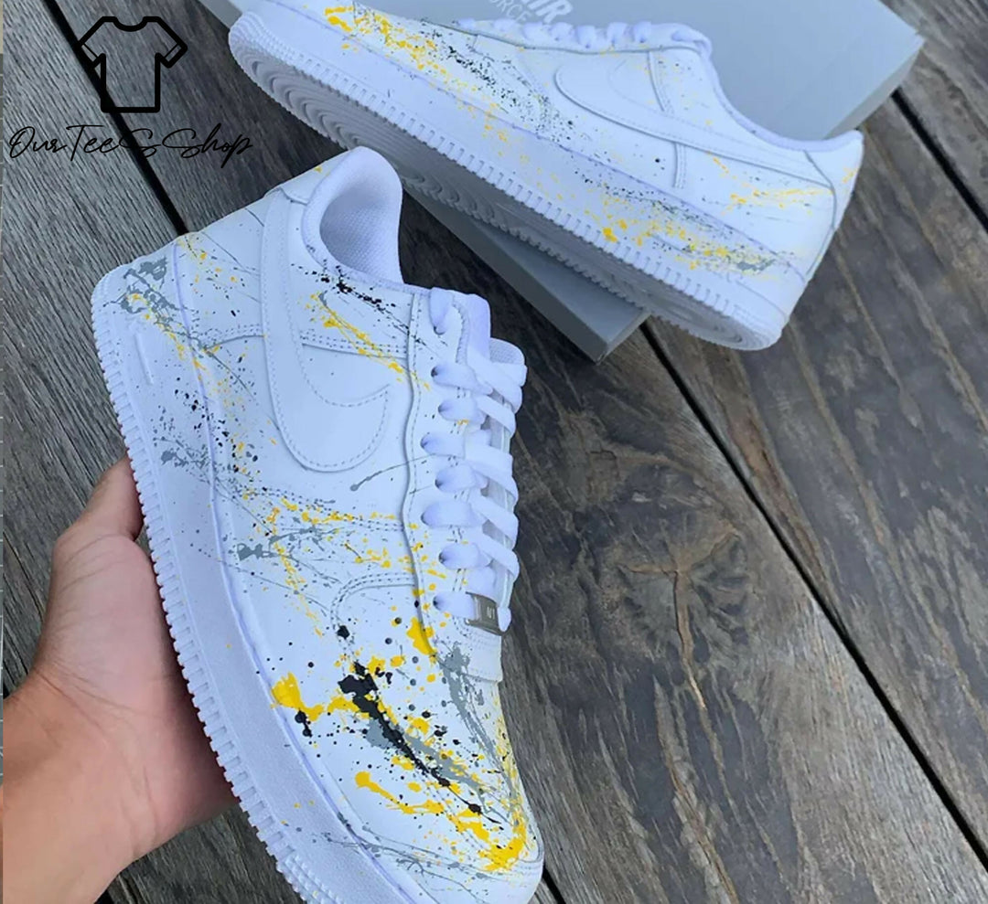 Custom Yellow Splatter AF1 Sneakers, Hand Painted Personalized Shoes