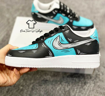 Custom Black And Blue Cartoon AF1 Sneakers, Hand Painted Personalized Shoes