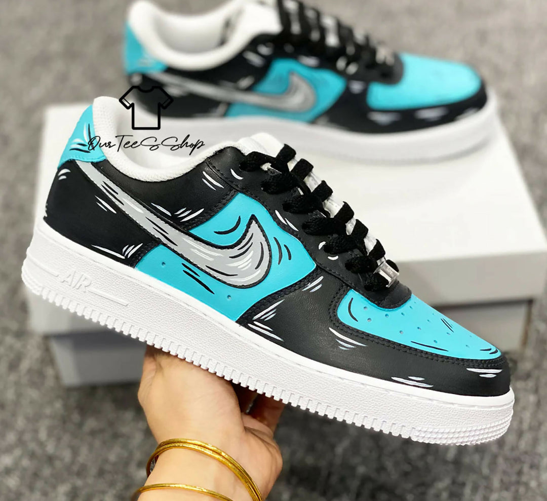 Custom Black And Blue Cartoon AF1 Sneakers, Hand Painted Personalized Shoes