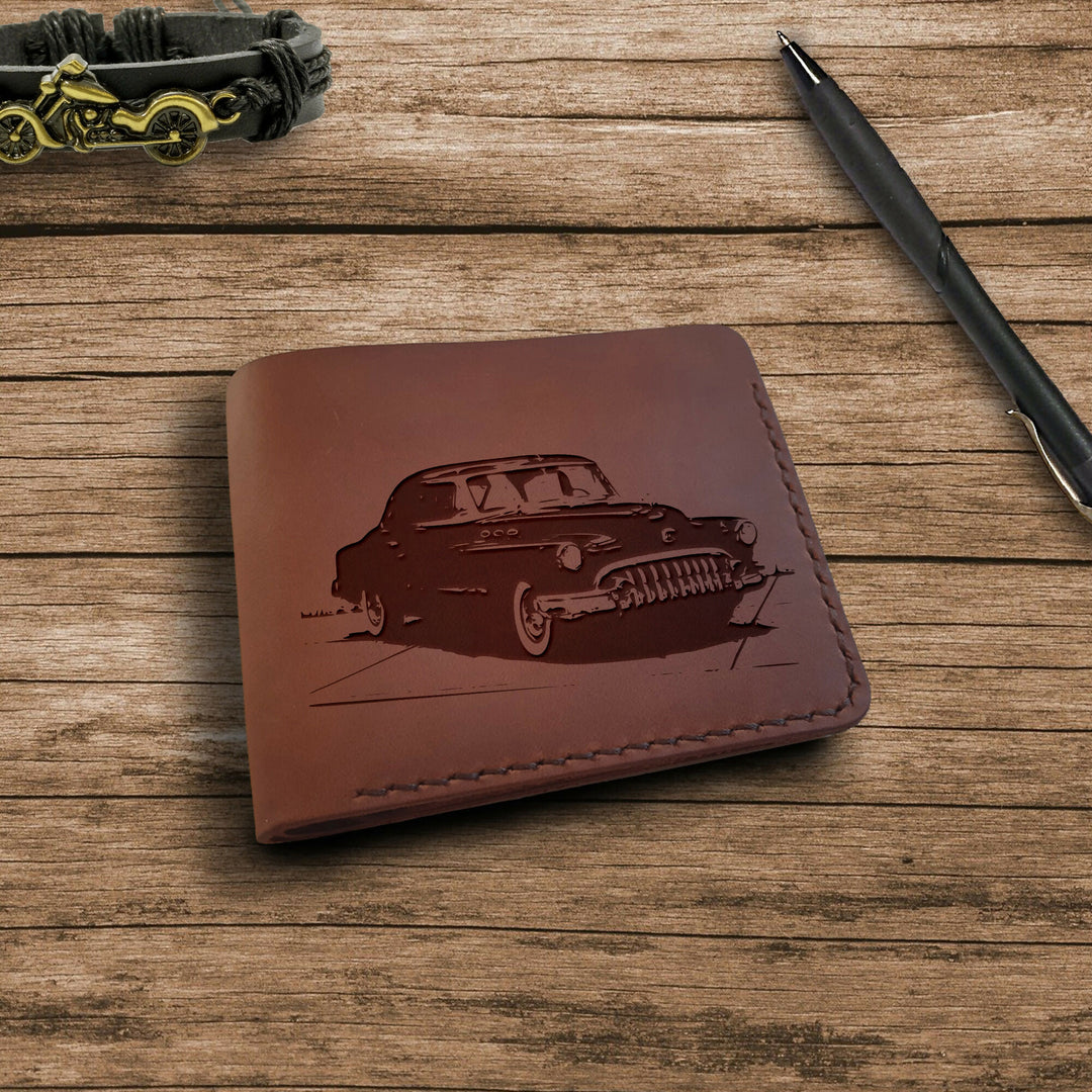 Old Car Gifts. Personalized Leather Wallet. Engraved Wallet. Custom Slim Bifold Minimalist Leather Wallet for Men. Custom Car Lovers Gifts- on Lucasgift