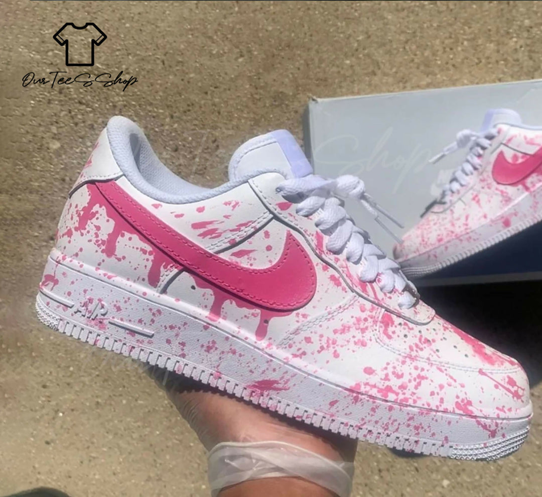 Custom Pink Splatter AF1 Sneakers, Hand Painted Personalized Shoes