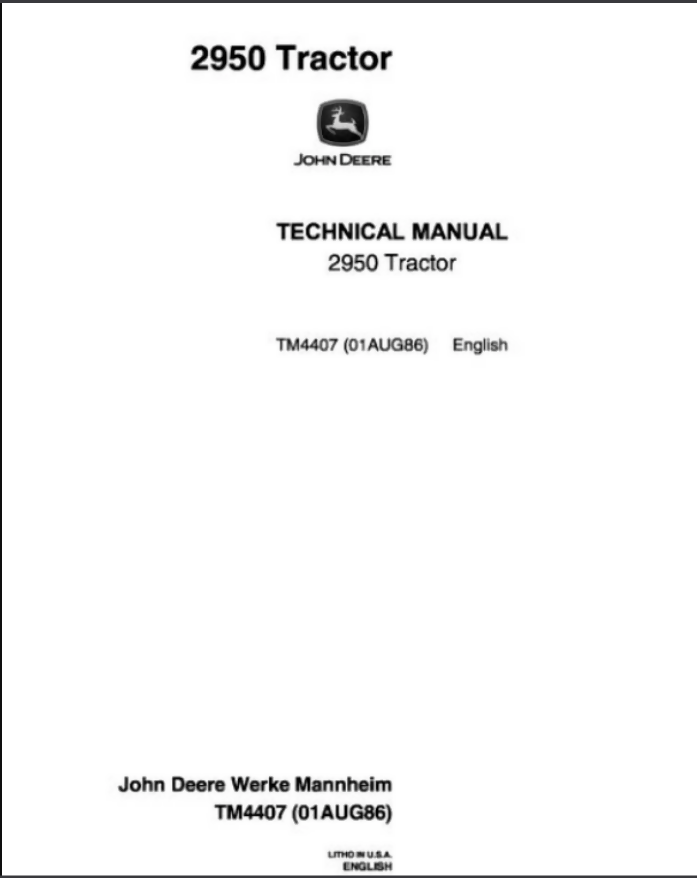 John Deere 2950 Tractor Service Manual Repair Shop Technical- on Lucasgift