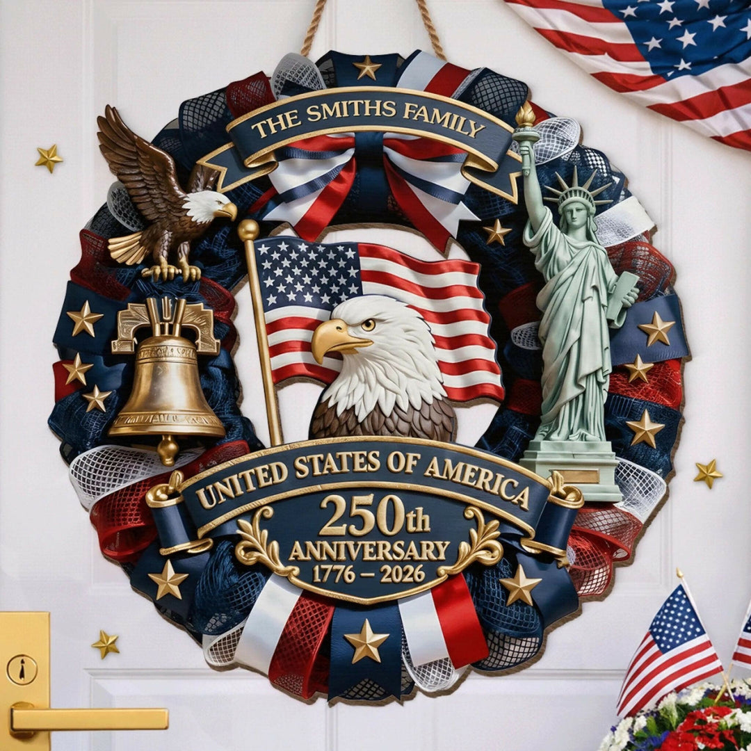 Personalized America 250th Anniversary Wood Wreath 1776-2026 Patriotic Door Sign Semiquincentennial Family Name Decor- on Lucasgift