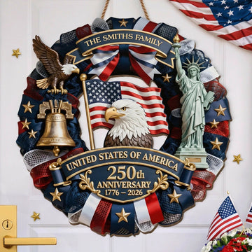 Personalized America 250th Anniversary Wood Wreath 1776-2026 Patriotic Door Sign Semiquincentennial Family Name Decor- on Lucasgift