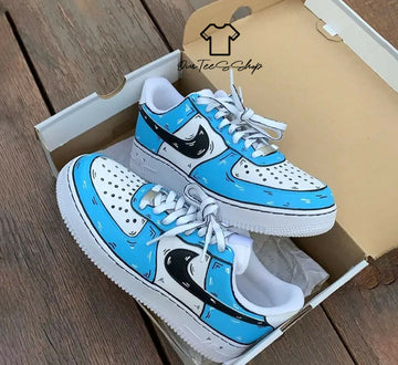 Custom Blue Black Cartoon AF1 Sneakers, Hand Painted Personalized Shoes