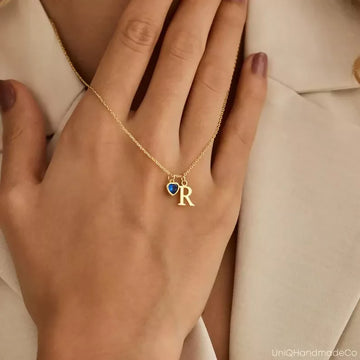 Dainty Initial Necklace with Heart Birthstone, Custom Letter Necklace, Birthstone Jewellery, 18th Birthday Gifts for Her, Mothers Day Gift- on Lucasgift