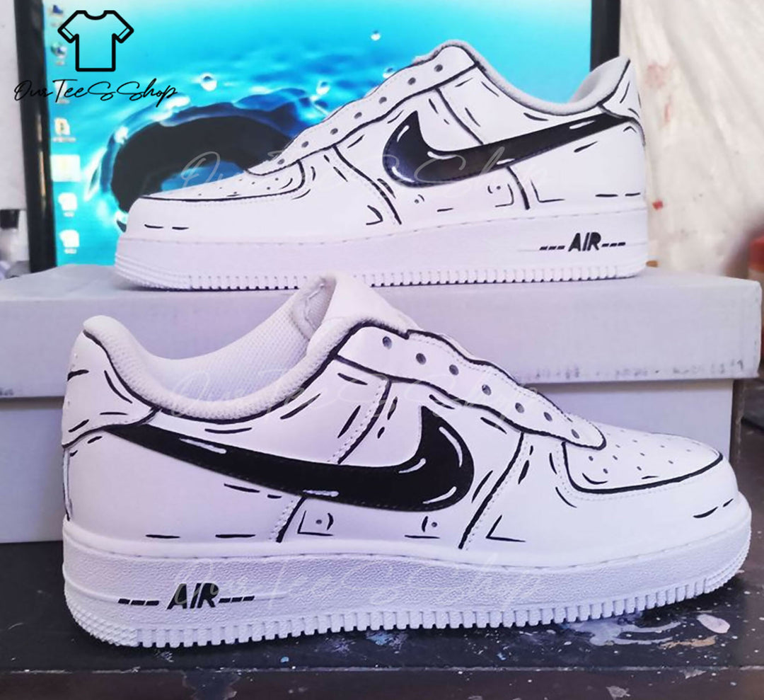 Custom Black Outline AF1 Sneakers, Hand Painted Personalized Shoes