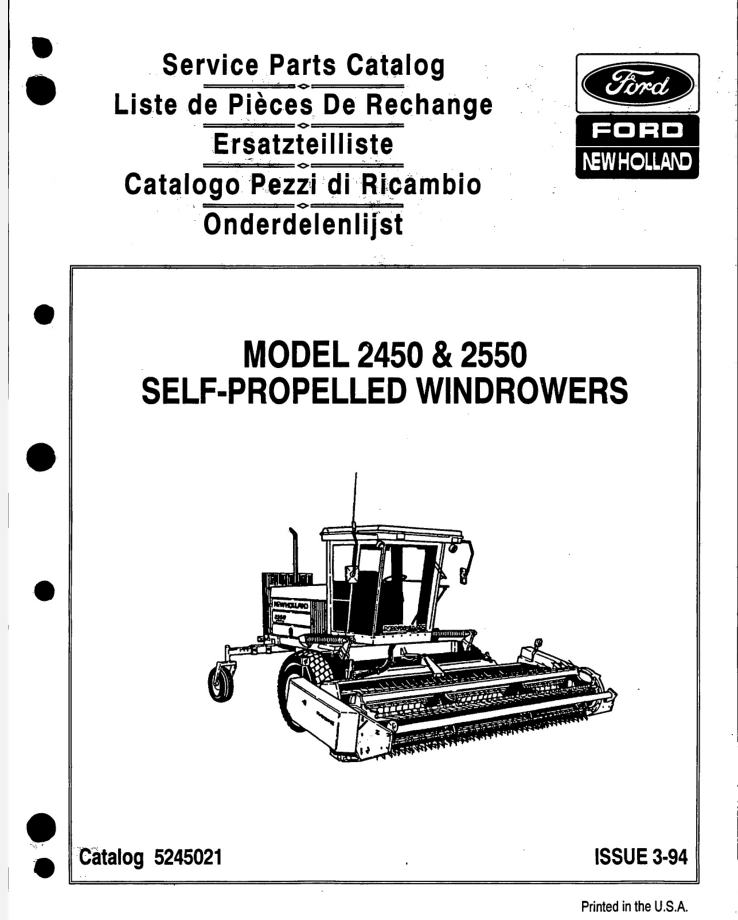 New Holland 2450, 2550 Windrower Service Parts Manual- on Lucasgift