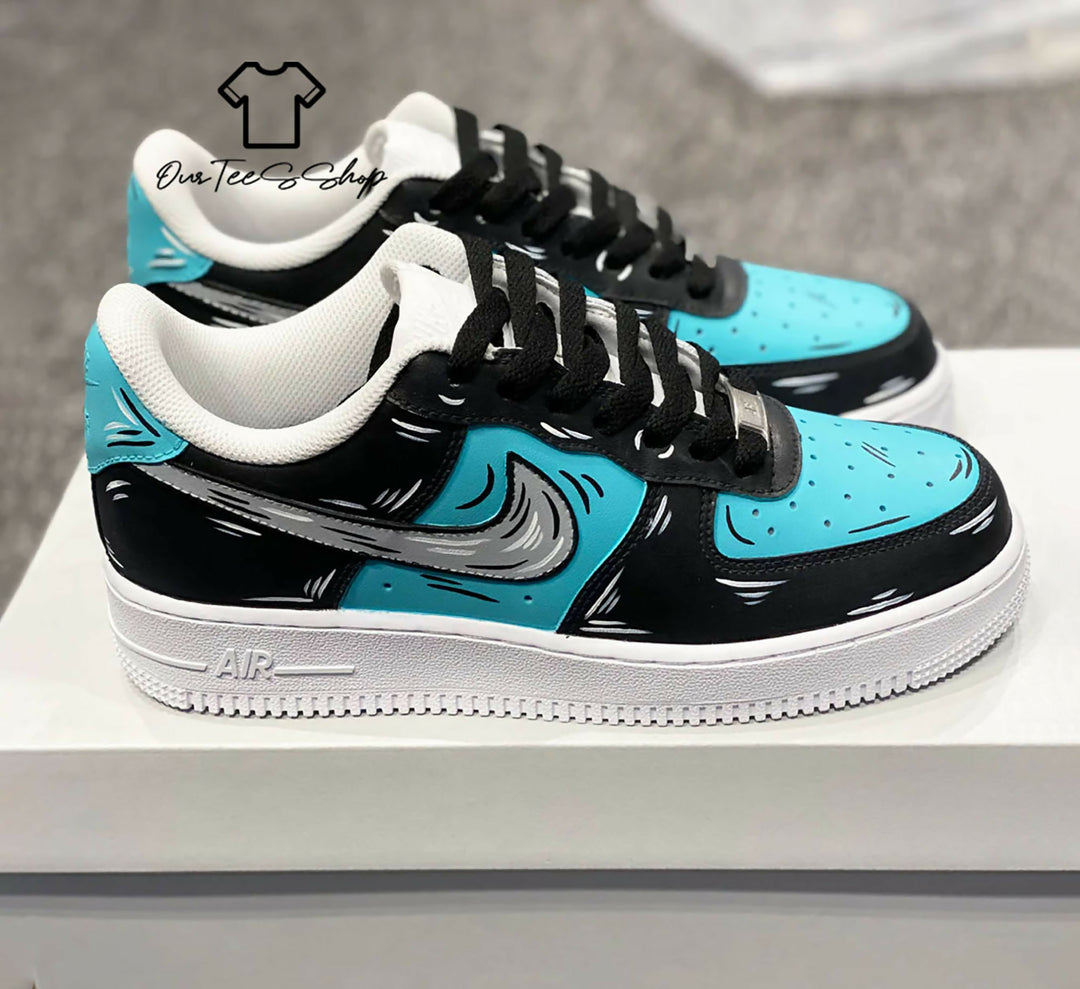 Custom Black And Blue Cartoon AF1 Sneakers, Hand Painted Personalized Shoes
