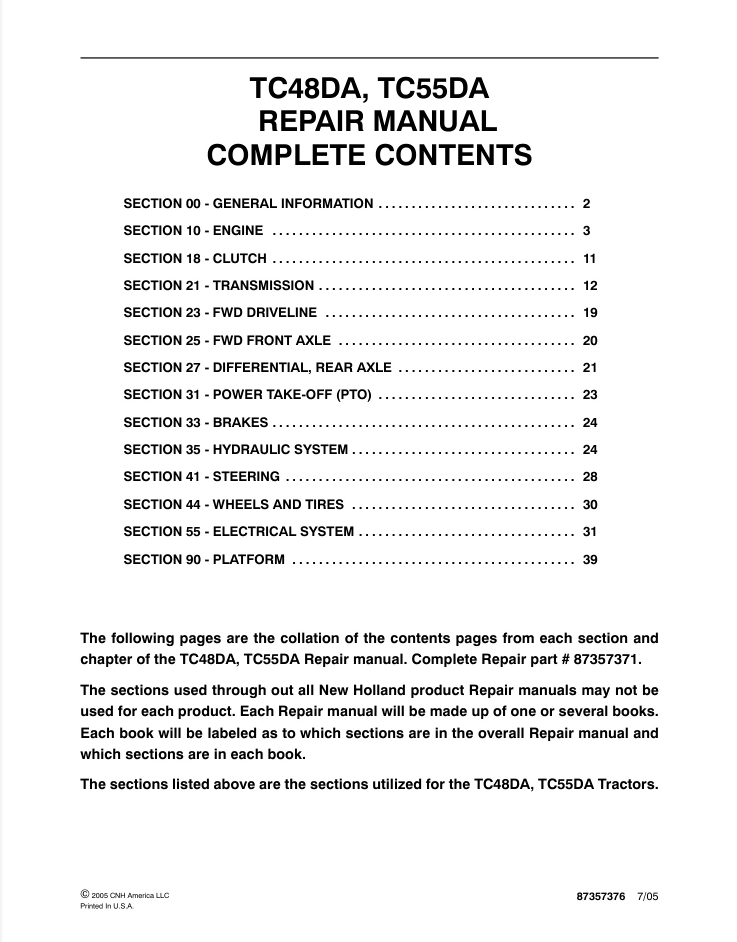 NEW HOLLAND TC48DA TC55DA TRACTOR MANUAL SERVICE REPAIR SHOP- on Lucasgift