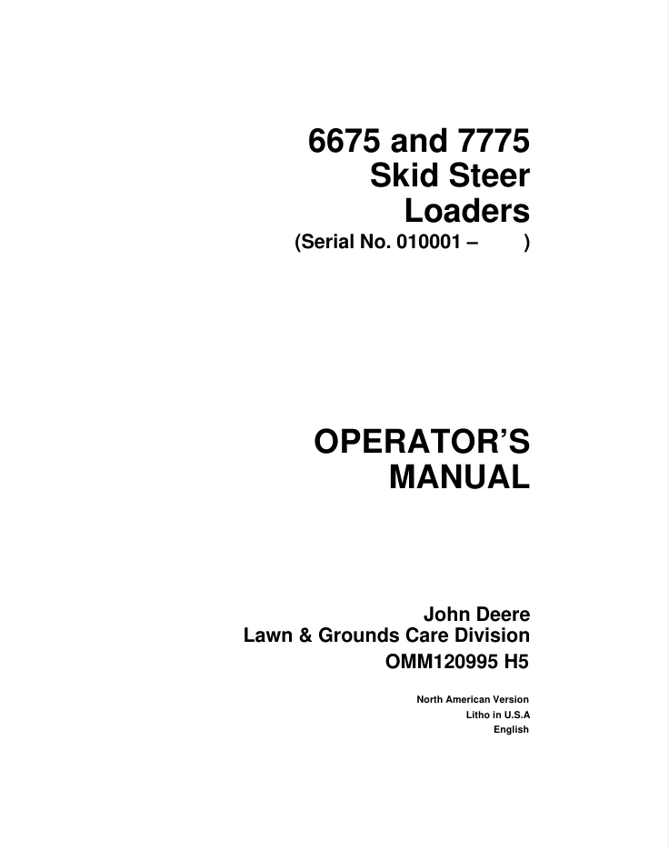 JOHN DEERE 6675 7775 SKID STEER LOADER OPERATORS MANUAL- on Lucasgift