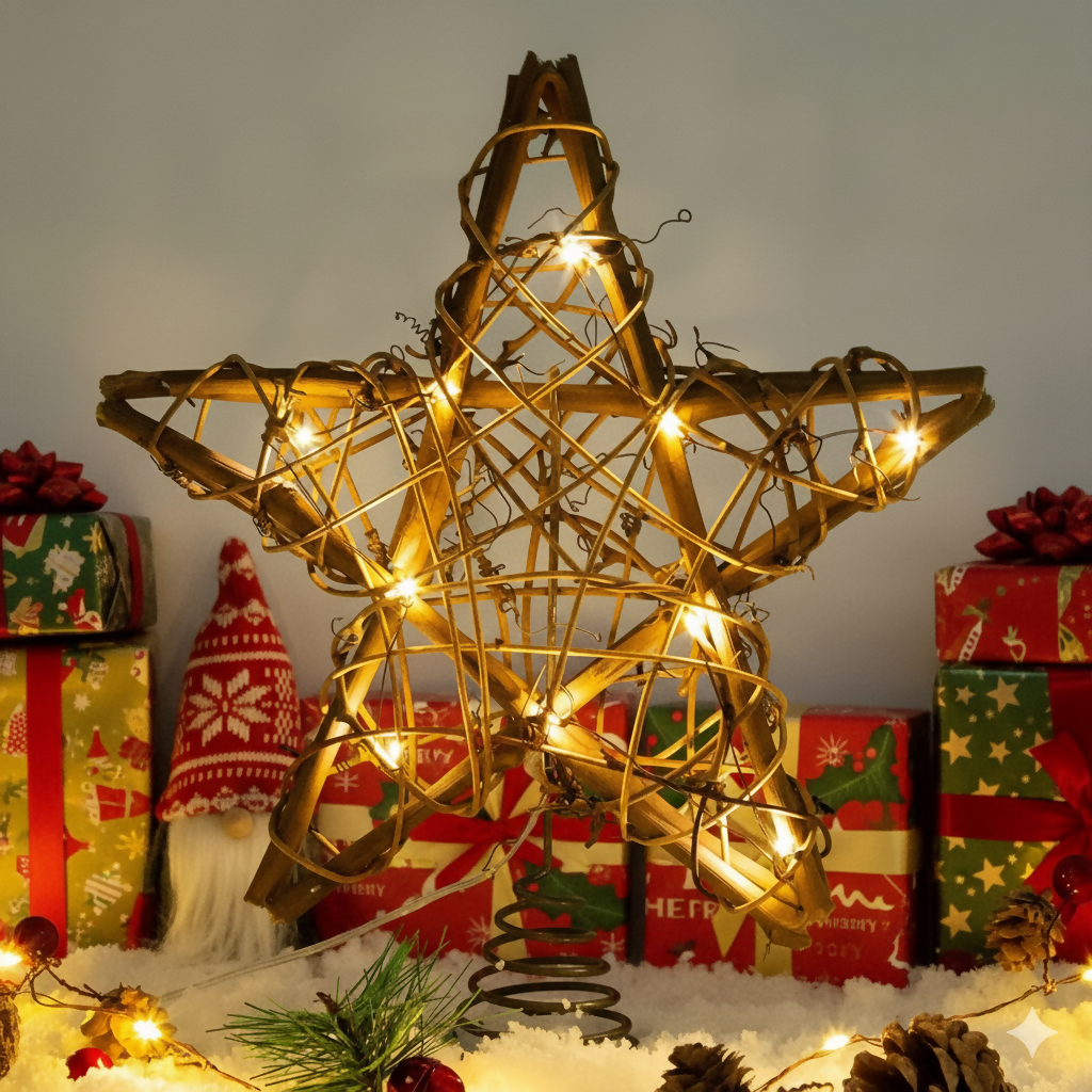 Rustic Brown Rattan Christmas Tree Topper Star- on Lucasgift