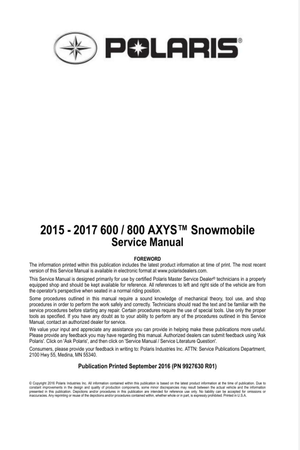 Polaris AXYS 600 800 Service Manual 2015 2016 2017