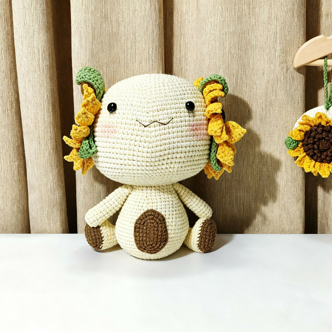 Sunflower Ear Axolotl Crochet Plush | Handmade Knitted Stuffed Animal | Kawaii Decor Gift- on Lucasgift