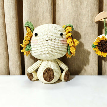 Sunflower Ear Axolotl Crochet Plush | Handmade Knitted Stuffed Animal | Kawaii Decor Gift- on Lucasgift