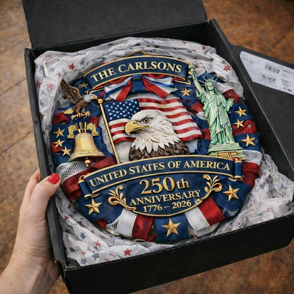 Personalized America 250th Anniversary Wood Wreath 1776-2026 Patriotic Door Sign Semiquincentennial Family Name Decor- on Lucasgift