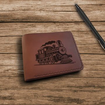 Locomotive Personalized Wallet. Engraved Custom Slim Minimalist Wallet for Men. Personalized Leather Gift for Him. Birthday Gifts for Dad- on Lucasgift