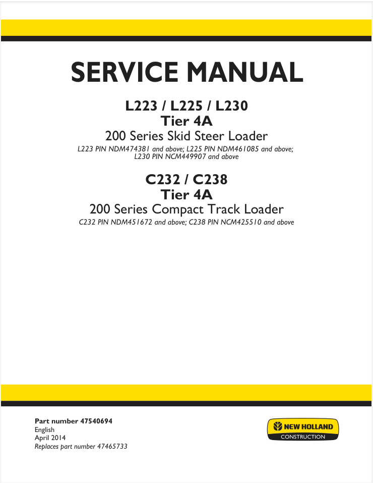New Holland Skid Steer Loader L223, L225, L230, Service Repair Manual- on Lucasgift
