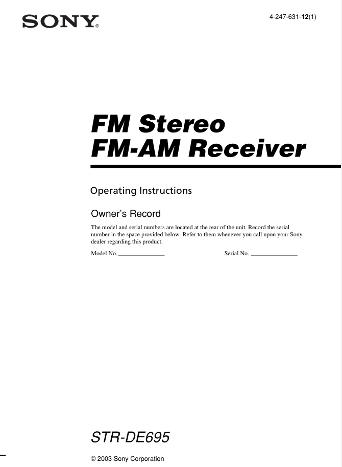 Sony STR-DE695 AV Receiver Owners Manual- on Lucasgift