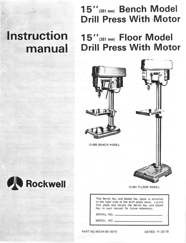 Delta Rockwell 15 Drill Press Instruction Manual Mdl 15-080 & 15-081- on Lucasgift