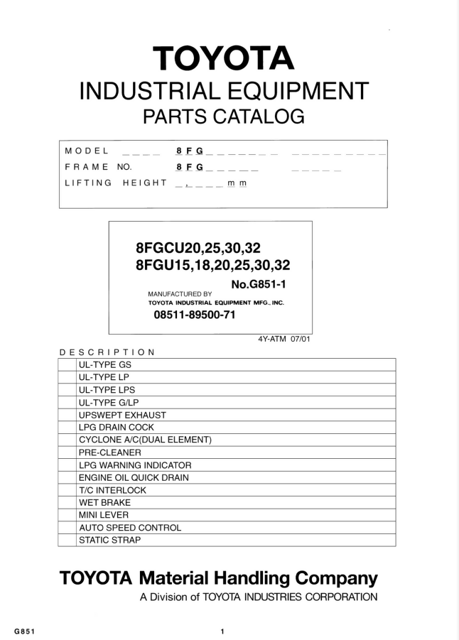 TOYOTA FORKLIFT 8FGU15 18 20 25 30 32 PARTS MANUAL- on Lucasgift