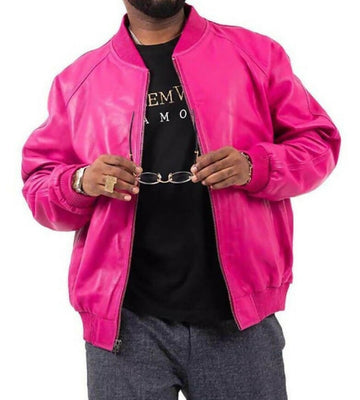 Handmade Pink Lambskin Leather Bomber Jacket for Men | Premium Streetwear Coat