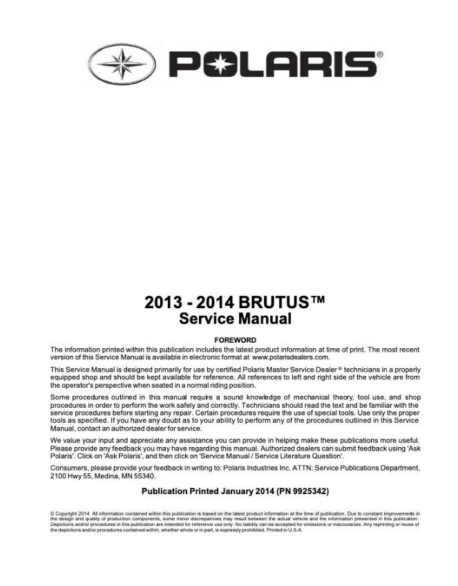 2013-2014 Polaris BRUTUS service manual- on Lucasgift