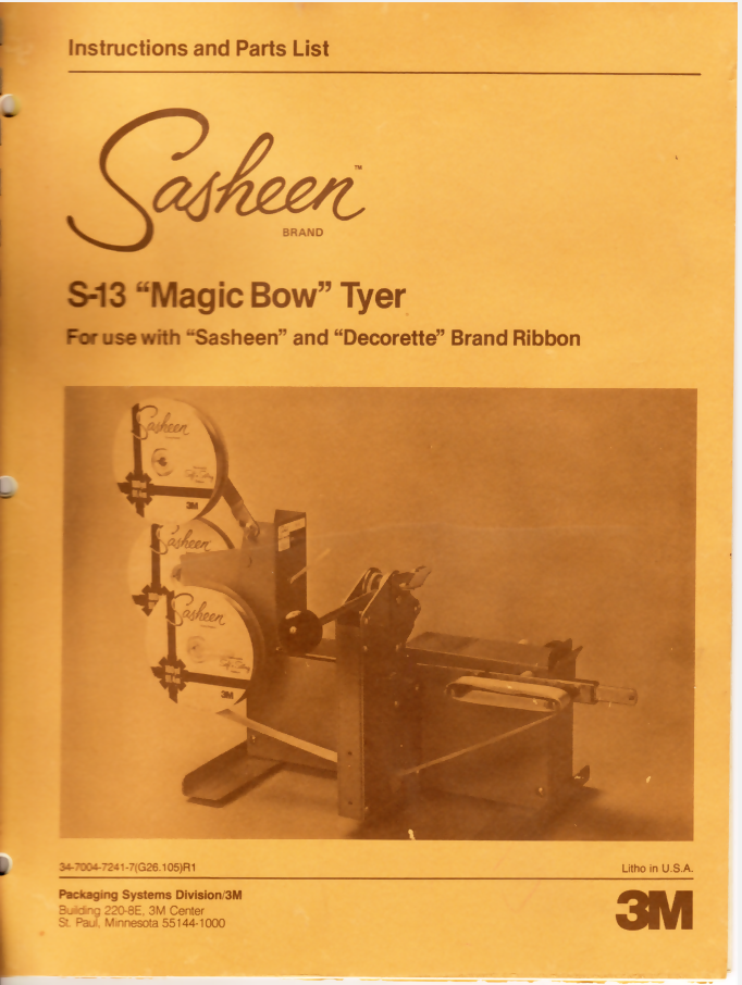 sasheen s-13 magic bow tyer instruction and part list manual