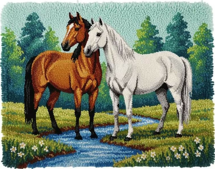 Rug Making Latch Hooking Kit | Elegant Horses-60x40cm-Blank Canvas on Lucasgift