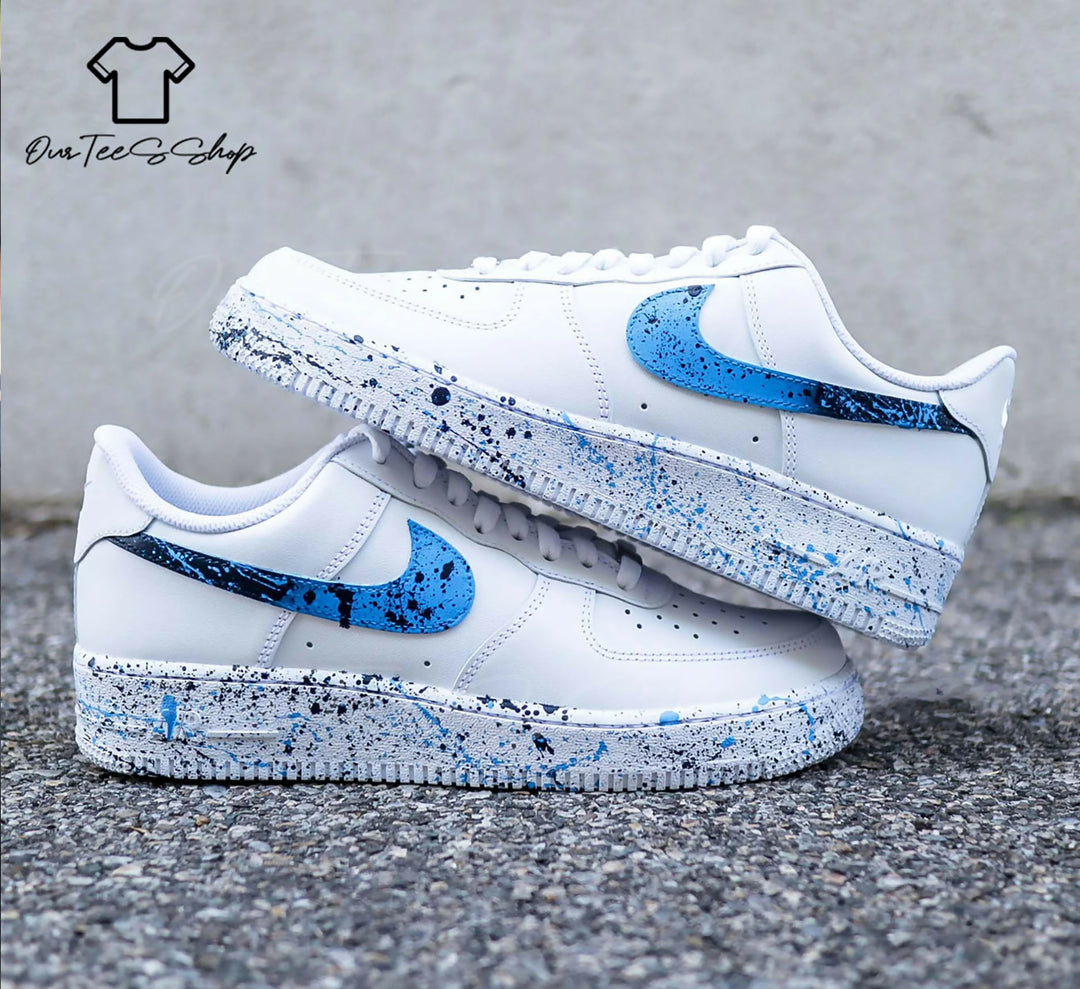 Custom Blue Splash AF1 Sneakers, Hand Painted Personalized Shoes