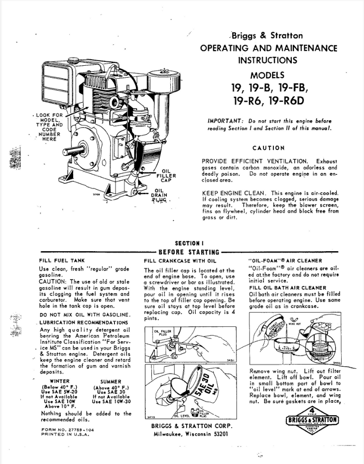 Briggs Stratton Model 19, 19-B, 19-FB, 19-R6, 19-R6D Operator Maint Manual- on Lucasgift