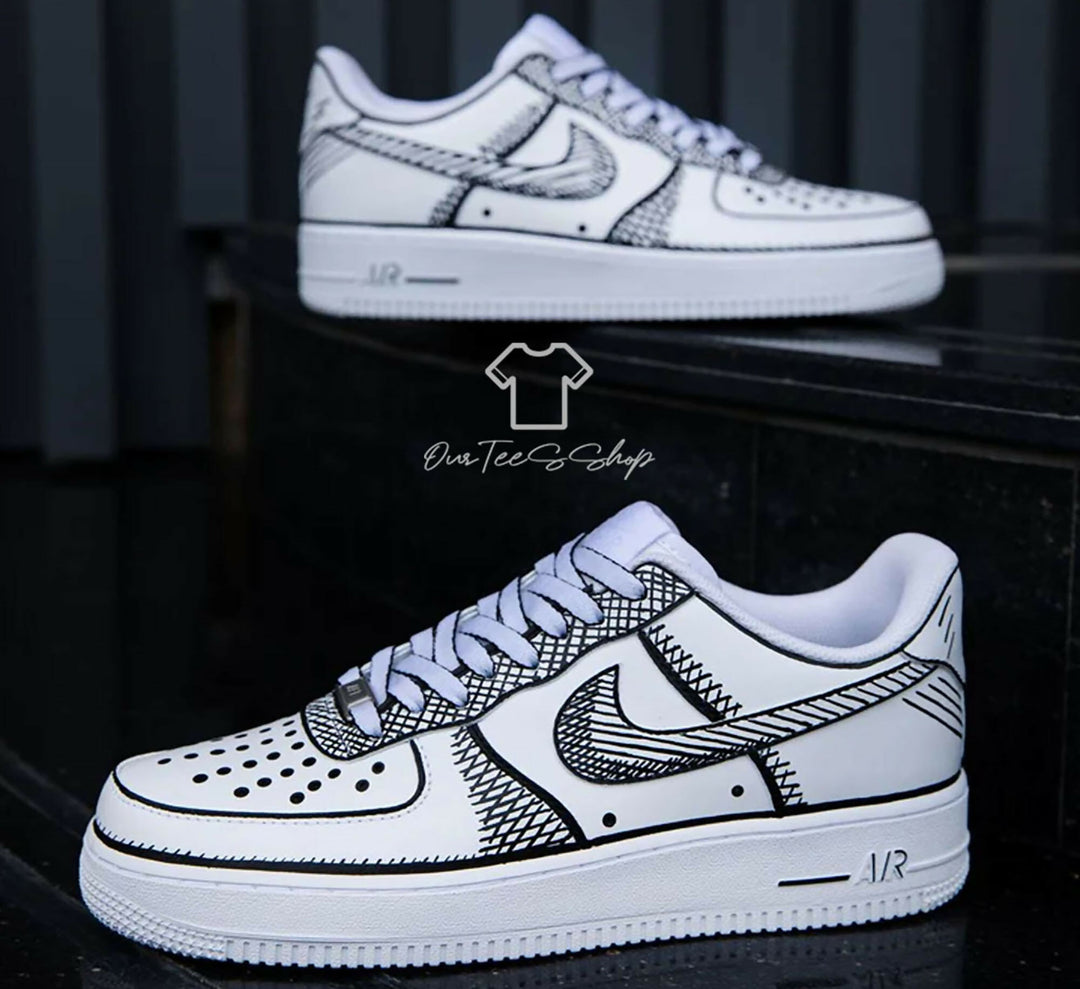 Custom Sketch Black AF1 Sneakers, Hand Painted Personalized Shoes