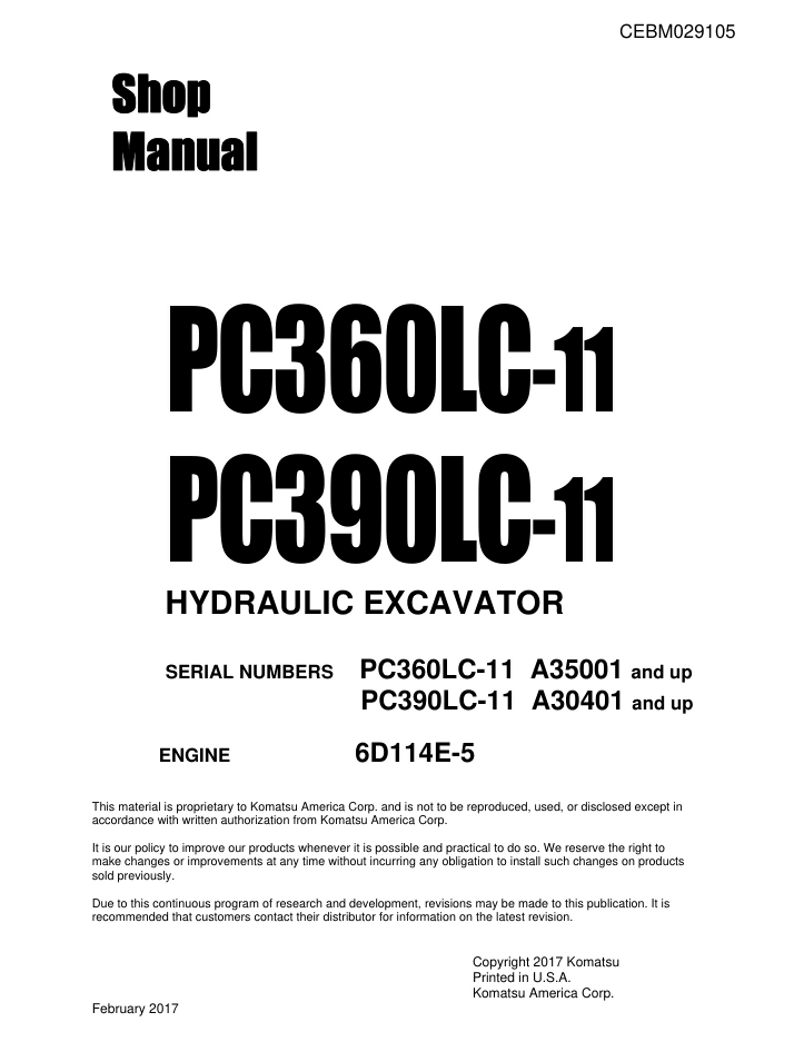 Komatsu PC360LC-11, PC390LC-11 Excavator Repair Service Workshop Manual