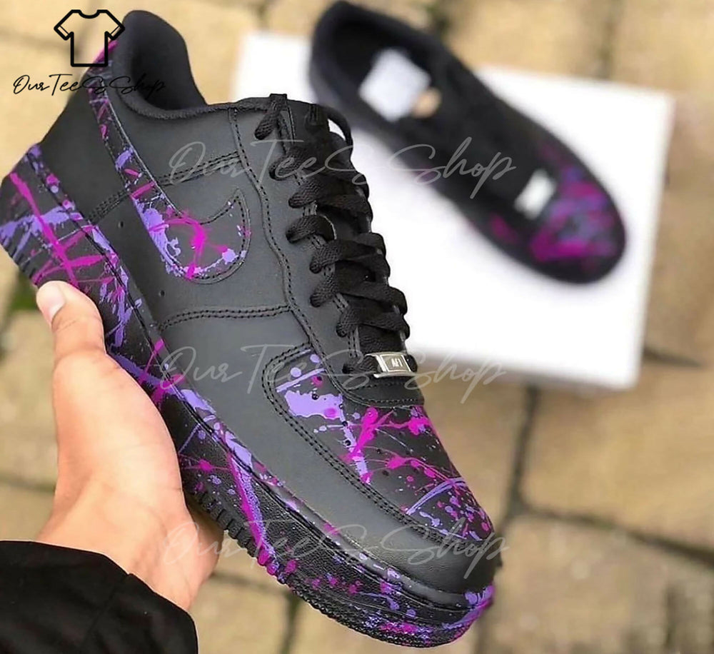 Custom Purple Splatter Black AF1 Sneakers, Hand Painted Personalized Shoes- on Lucasgift