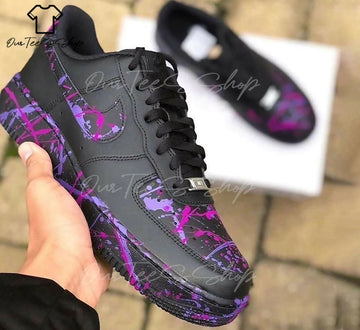 Custom Purple Splatter Black AF1 Sneakers, Hand Painted Personalized Shoes