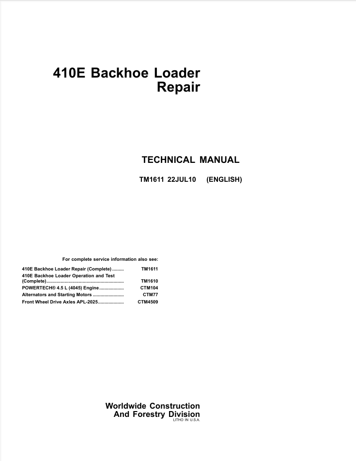 JOHN DEERE 410E BACKHOE LOADER SERVICE ENGINE REPAIR MANUAL- on Lucasgift