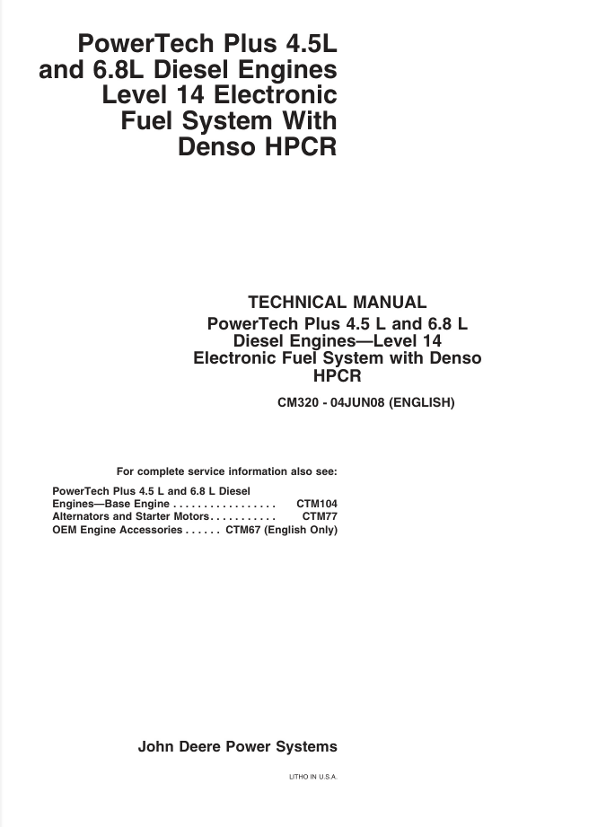 John Deere PowerTech Plus 4.5L AND 6.8L Service Manual Repair CTM320- on Lucasgift