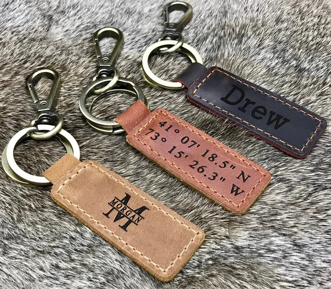 MONOGRAMMED Leather KEYCHAIN, Coordinates Key Chain, Best Gift , Real Leather. Free Shipping US- on Lucasgift