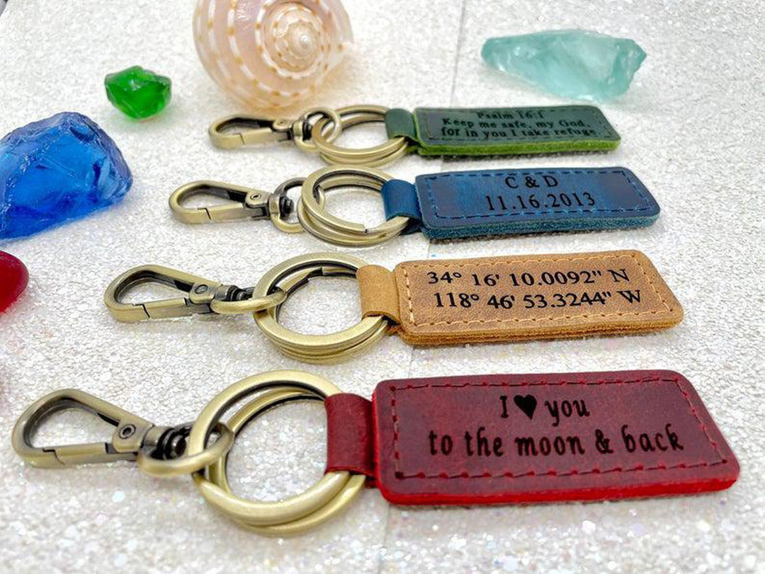 MONOGRAMMED Leather KEYCHAIN, Coordinates Key Chain, Best Gift , Real Leather. Free Shipping US- on Lucasgift