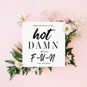 Bachelorette Party Thank You Cards - From the Bride to Be, "Hot Damn That Was Fun" | Bachelorette Thank You Card Set- on Lucasgift