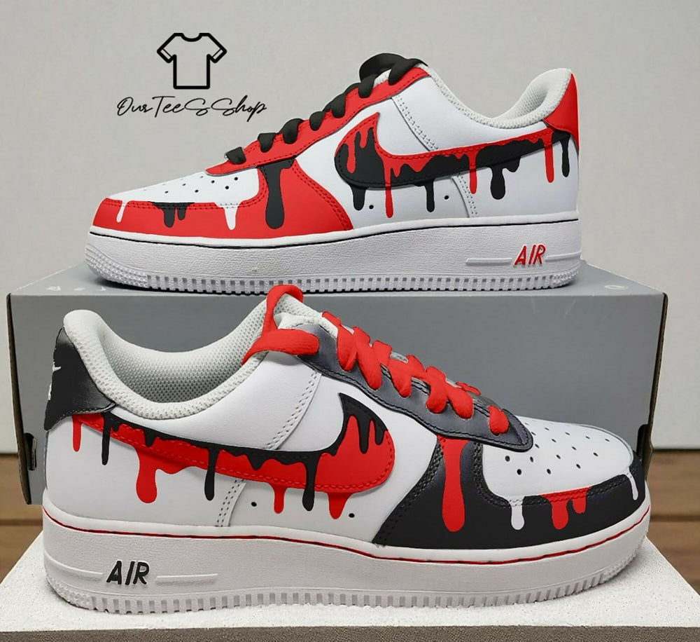 Custom Red Black White Drip AF1 Sneakers, Hand Painted Personalized Shoes- on Lucasgift
