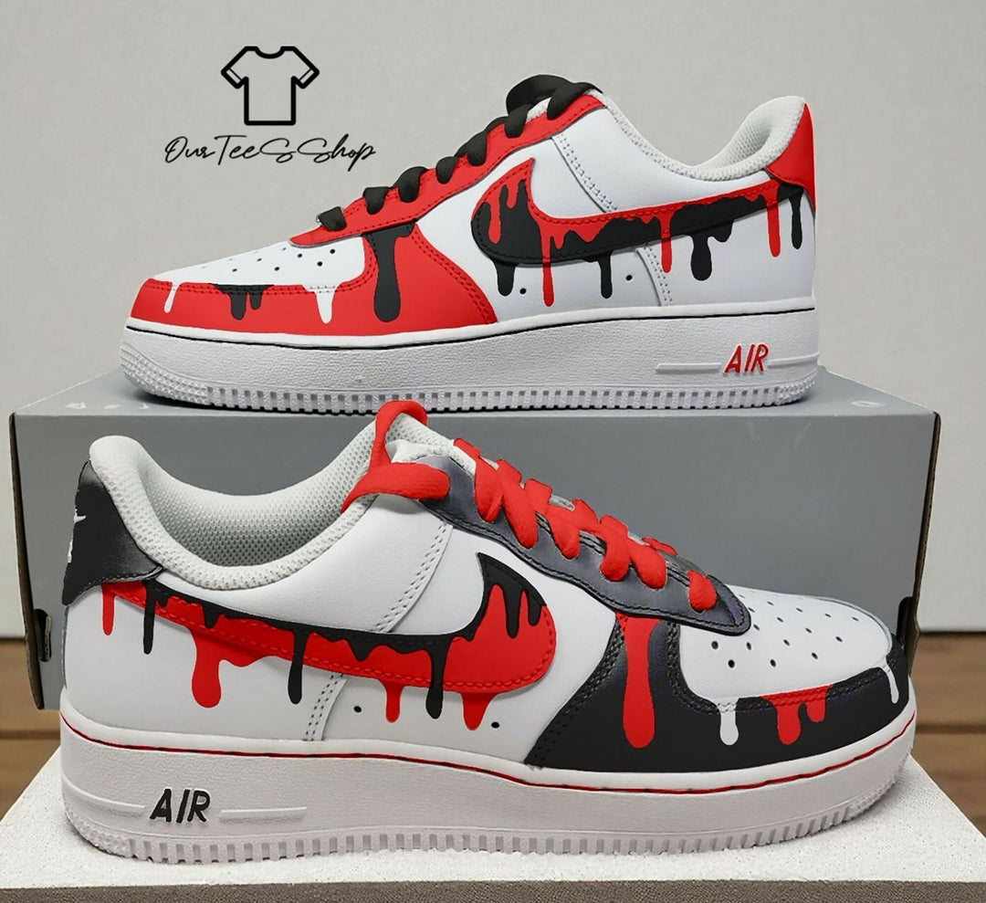 Custom Red Black White Drip AF1 Sneakers, Hand Painted Personalized Shoes