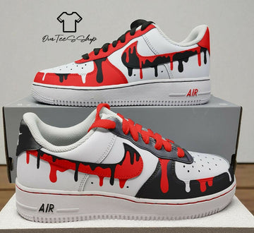 Custom Red Black White Drip AF1 Sneakers, Hand Painted Personalized Shoes