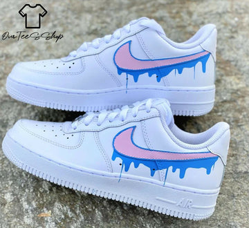 Custom Blue Pink Drip AF1 Sneakers, Hand Painted Personalized Shoes