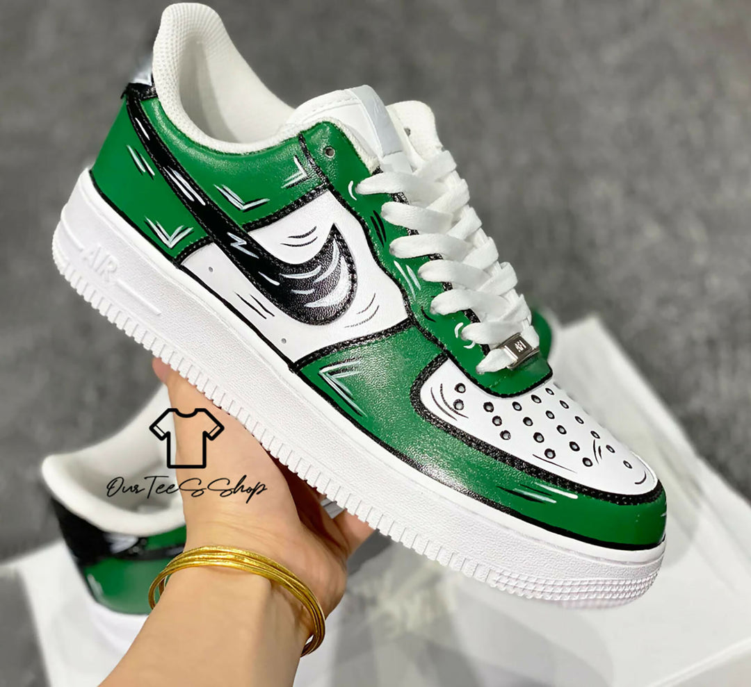 Custom Green Black Cartoon AF1 Sneakers, Hand Painted Personalized Shoes